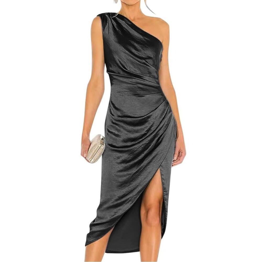 Ryanth One Shoulder Midi Slit Dress in Black, Size 6​​